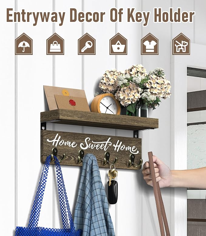 buways Wall-Mounted Key and Mail Holder, Wooden Key Rack with 4 Double Key Hooks, Rustic Home Decor for Entryway