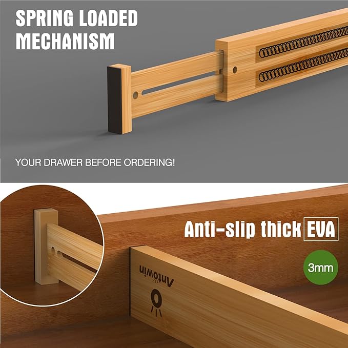 ANTOWIN Bamboo Drawer Dividers Organizers, Drawer Separators Splitter,17-22 inches Long Adjustable Spring-loaded Organizer fo