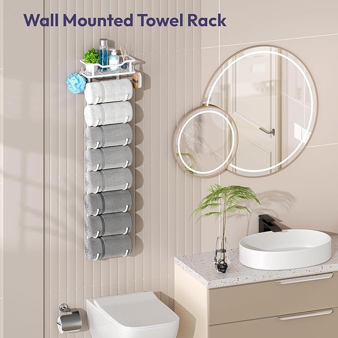 SWTYMIKI Over The Door Towel Rack - 9 Tier Towel Racks for Bathroom Wall Mounted, Towel Holder with Shelf, Hanging Rolled Tow