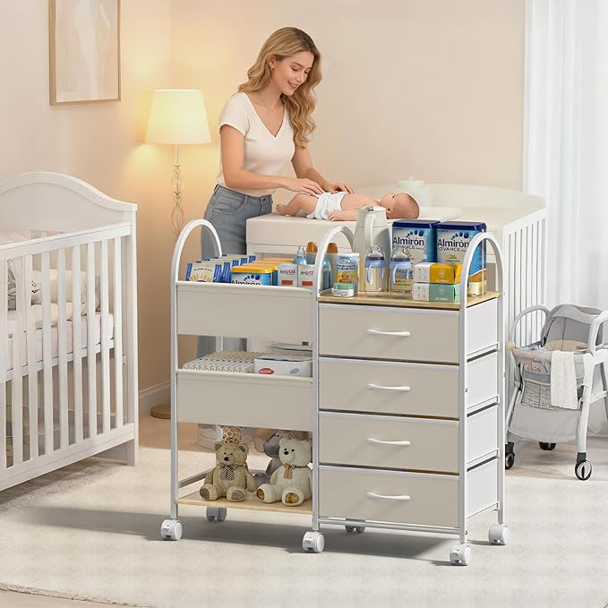 Baby Organizer and Storage Cart, 4-Tier Rolling Utility Cart with Wheels, Dividers and Drawers, Easy to Assemble for Nursery,
