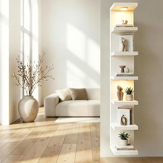Fixwal 7 Tier Wall Shelf White Wall Mounted Lack Shelf with LED Lights for Home Decor Organizer