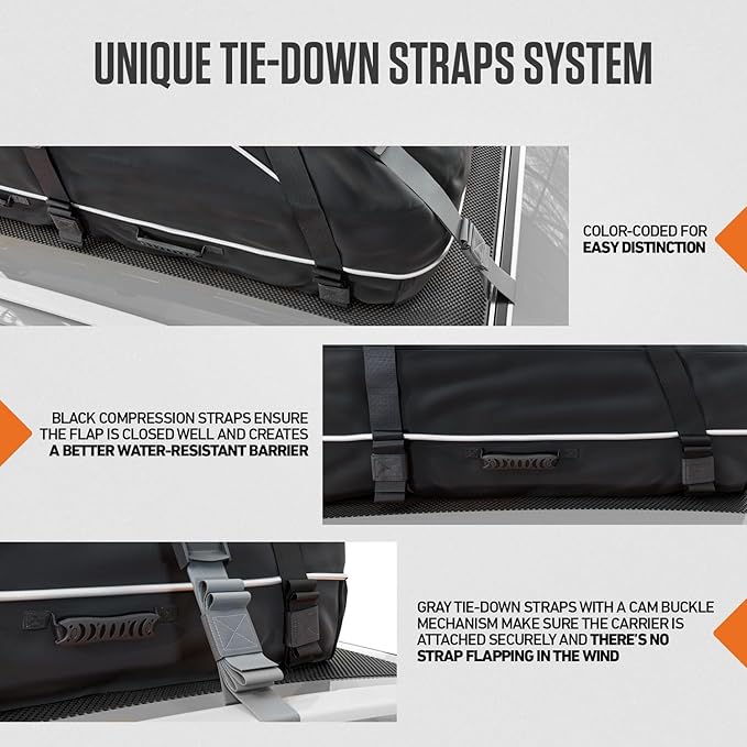VENTURE 4TH Car Rooftop Cargo Carrier – 21 Cubic Feet Soft-Shell Waterproof Roof Bag with 10 Heavy-Duty Compression & Tie-Down Straps, Anti-Slip Mat & Door Hooks – Fits Cars with or Without Roof Rack
