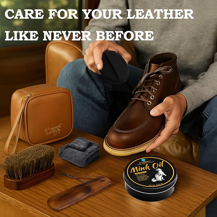 Feilove 4-in-1 Mink Oil Leather Conditioner and Cleaner 3.52 oz - Premium Waterproof Formula for Boots and Shoes