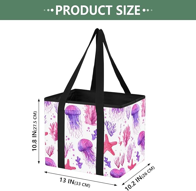 Corals Jellyfish Reusable Grocery Bags Large Waterproof Grocery Tote Bag Heavy Duty Foldable Tote Bags with Long Handles & Ha