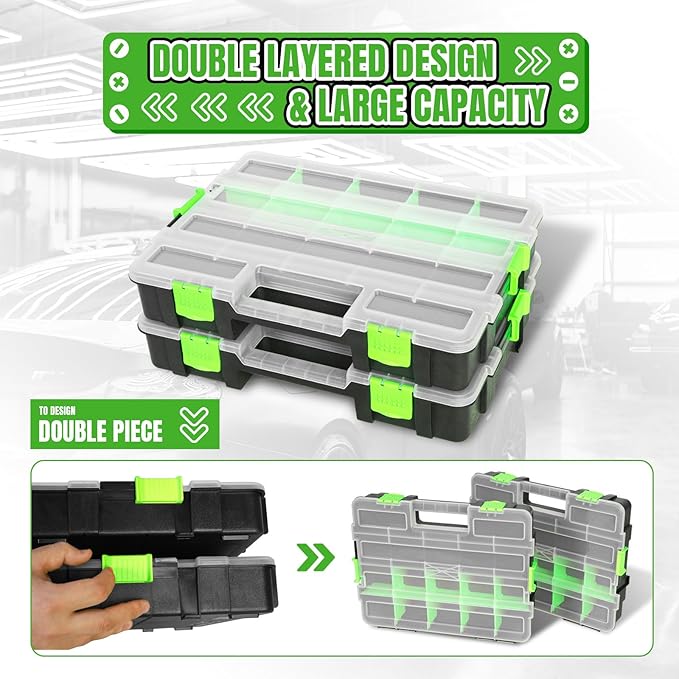 Jack Boss Tool Box with Transparent Lid, Single Side 17-Compartments Organizer Box with Removable Dividers for Hardware, Scre