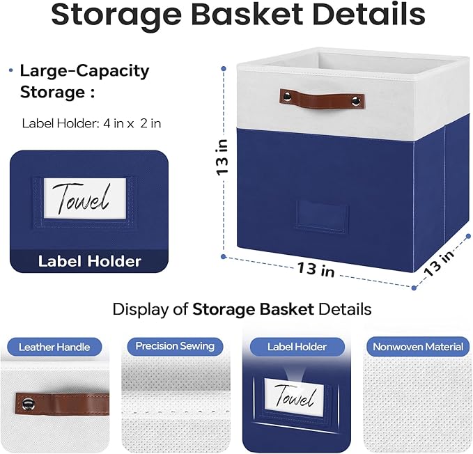 FinishingBo 6-Pack Storage Cubes with Handles & Label Holders Basket, Closet Cube Home Organizer Bins(White/Blue, 13 x 13 x 1
