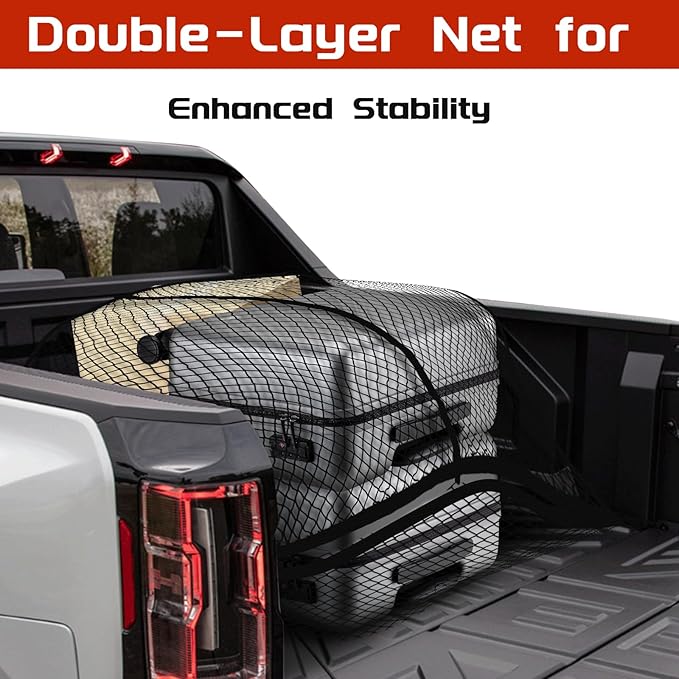 Truck Bed Cargo Net, High Elastic Cargo Net with Storage Bag and 8 rustproof Buckles, Stretchable from 4'x4' to 7'x7' Ideal for ATV, SUV, UTV, Truck and Boat Use, Double Layer