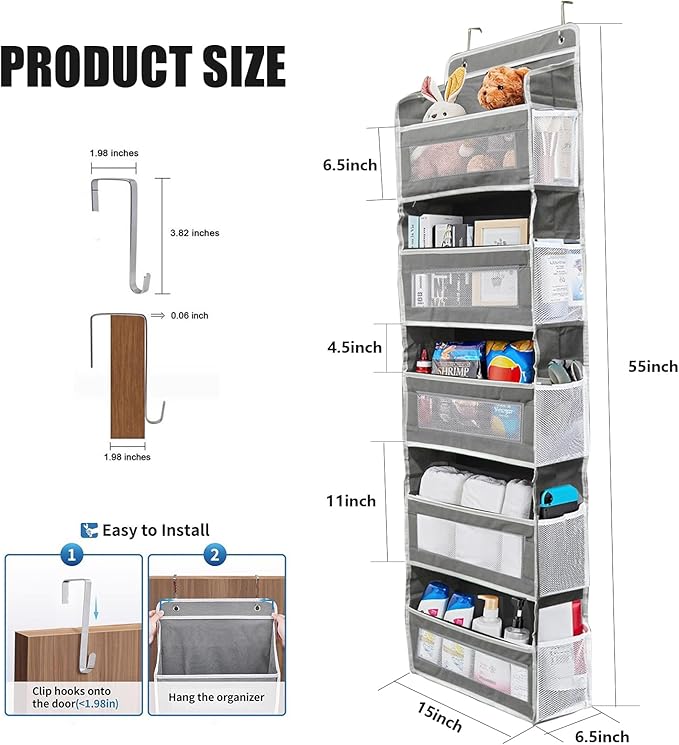 5-Tier Hanging Door Storage Rack Includes 5 shelves and 5 side mesh pockets Multi-compartment design Holds up to 44 lbs Ideal