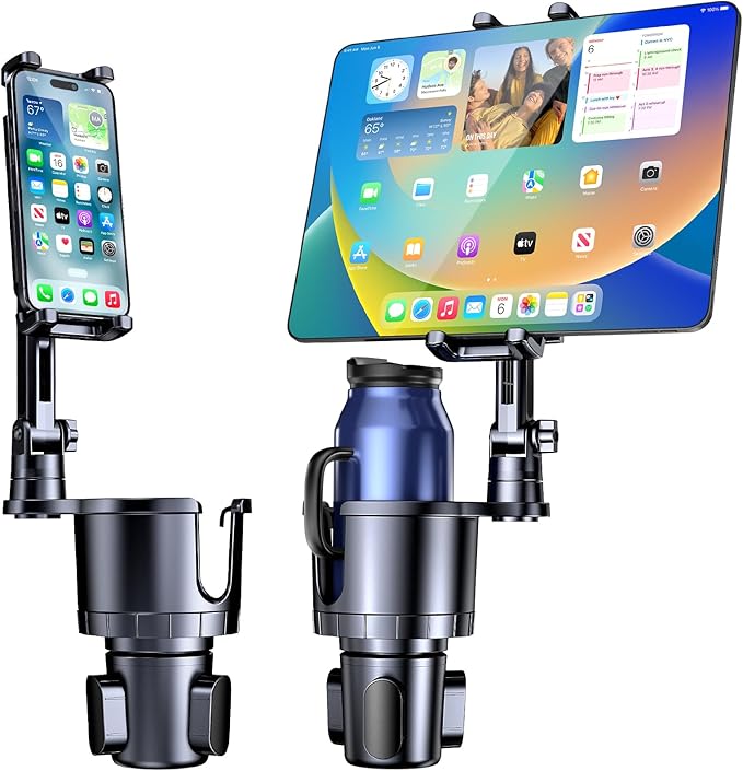 Cup Holder Phone Tablet Mount, 2 in 1 Car Cup Holder with Expander Adjustable Long Arm for Car,360°Rotation Phone Tablet Mount Compatible for iPad, All Smartphones and Most Bottles