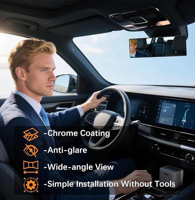 Rear View Mirror, Chrome Anti-glare Panoramic Rear Mirrors Universal 10 Inch Convex Car Interior Clip on Extra Big Wide Angle Rearview Mirror Extender to Reduce Blind Spot for Car SUV