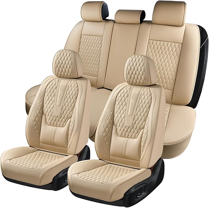 Coverado Car Seat Covers Full Set, Nappa Leather Seat Covers for Car, Waterproof Car Seat Protector with Lumbar Support, Auto