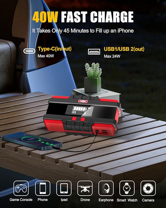 Battery Jumper Starter Portable 2500A (12V) - Portable Booster Pack with Voltage Detection & Protection for Gas/Diesel (Up
