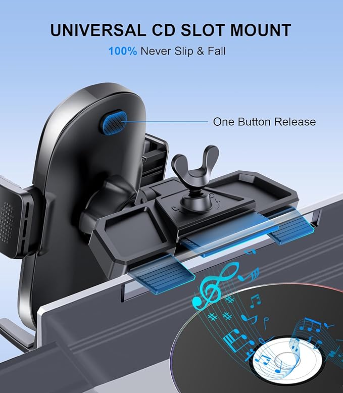 Car Phone Holder, Universal CD Slot Phone Mount, Hands Free Automobile Cell Phone Stand, 360° Adjustable Phone Mount for Car Compatible with iPhone & Android Cell Phones (Black)
