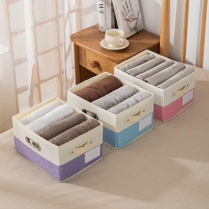 PRANDOM Large Fodable Storage Baskets for Closet [3-pack] Decorative Fabric Storage Bins Cubes with Leather/Metal Handles for