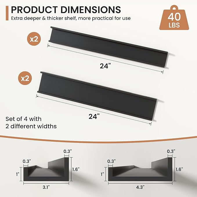 Fun Memories Picture Ledge Shelves Set of 4, 24 Inch Rustic Wall Mounted Floating Shelves with Lip for Home Storage and Décor