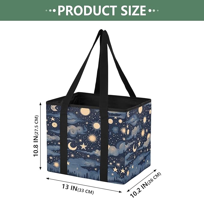 Stars and Moon Reusable Grocery Bags Large Shopping Tote Bag with Reinforced Bottom Board, Water Resistant Foldable Storage B