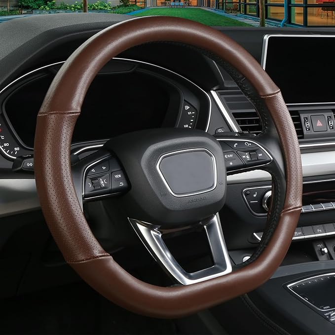 Cxtiy D Shaped Steering Wheel Cover, Genuine Leather Flat Bottom Stearing Wheel Cover Luxury Car Accessories 14 1/2-15 inch (Brown)