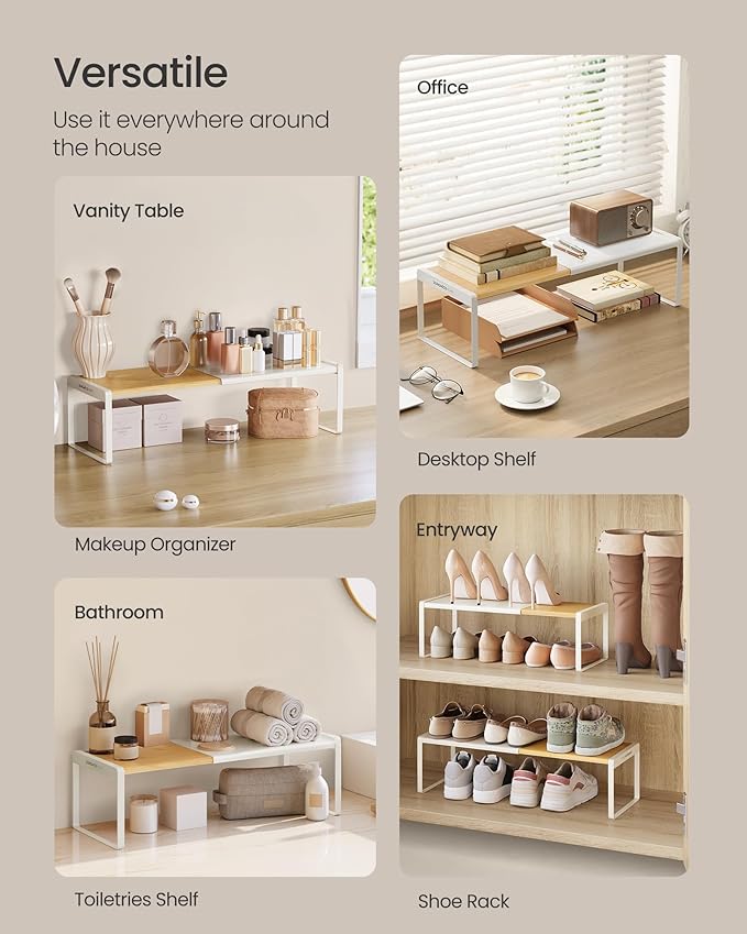 SONGMICS HOME Spice Rack, Expandable Cupboard Shelf Orgnizer, Kitchen Counter Shelf, Bamboo and Metal, Space-Saving Shelving,