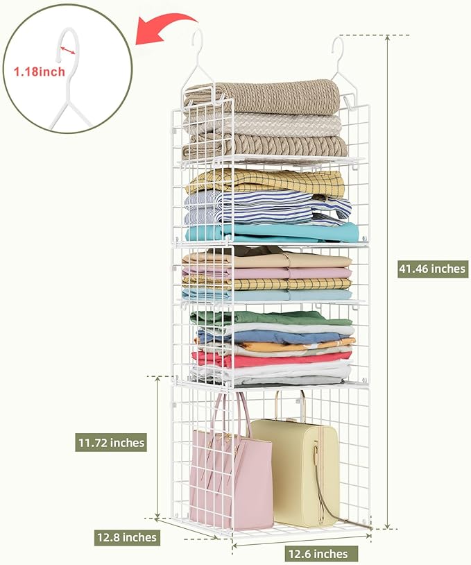 X-cosrack Closet Hanging Organizer and Storage - 5 Tier Hanging Shelves, Wire Closet Shelf Organizer Basket with Adjustable D