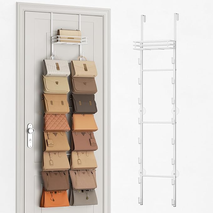 SWTYMIKI Over the Door Purse Organizer - Wall Mounted Handbag Organizer with 16 Hooks and Metal Basket, Hanging Purse Storage