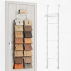 SWTYMIKI Over the Door Purse Organizer - Wall Mounted Handbag Organizer with 16 Hooks and Metal Basket, Hanging Purse Storage