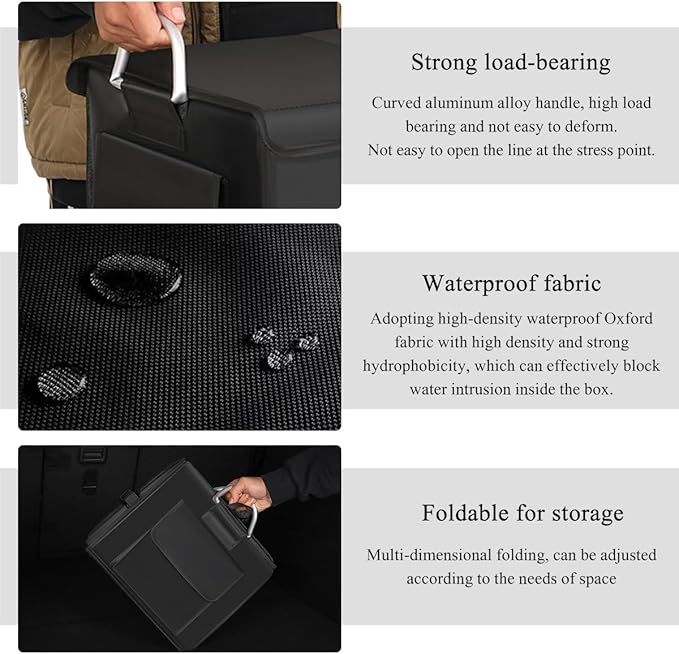 Trunk Organizer With Lid, Collapsible Waterproof Oxford Car Organizer with Aluminum Handle Base Plate, 2-Compartment 28L