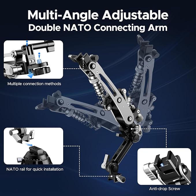 EMART Shock Absorber Arm Car Camera Mount for Action Camera, Featuring 6" Vacuum Car Suction Cup, Qick Release NATO Rail, Hydraulic Boom Arm Compatible with DJI Osmo Pocket 3, Insta360, GoPro, iPhone