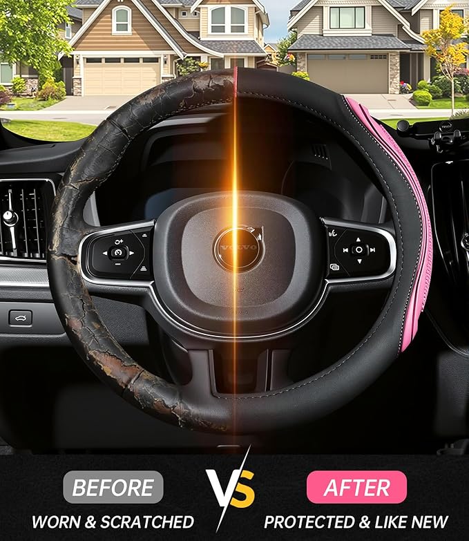 XCBYT Steering Wheel Cover - Pink Leather Steering Wheel Wrap Great Grip with 3D Honeycomb Quick and Effortless Installation 
