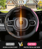 XCBYT Steering Wheel Cover - Pink Leather Steering Wheel Wrap Great Grip with 3D Honeycomb Quick and Effortless Installation 
