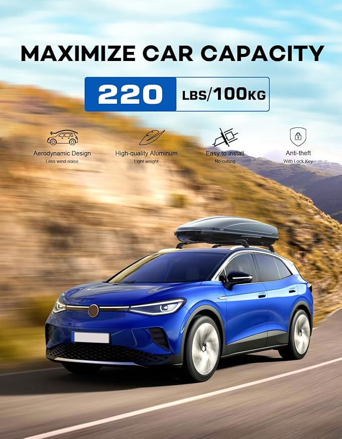 Roof Rack Cross Bars 220lbs Compatible with Volkswagen VW ID4 ID.4 2021-2026, Lockable Heavy Duty Aluminum Roof Rails Crossbars Cargo Canoe Black Rooftop Cargo Carrier.