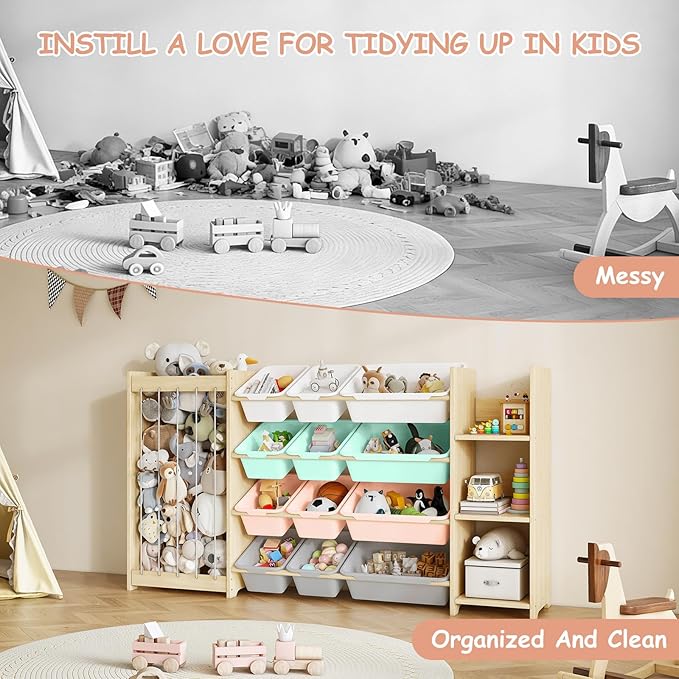EXPERLAM 3-in-1 Toy Storage Organizer, Stuffed Animal Holder & 3-Tier Bookcase, Solid Wood Toy Organizer with 12 Storage Bins