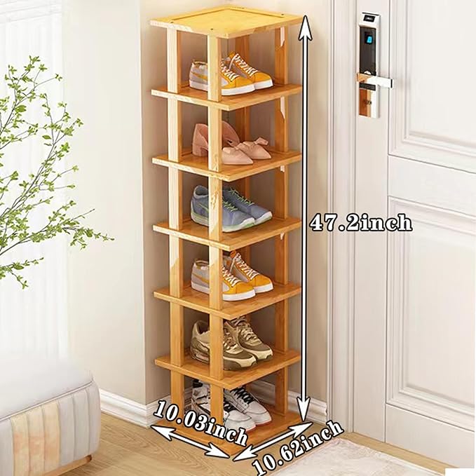 Bamboo Shoe Rack - Vertical Shoe Rack for Small Spaces, Tall Narrow Shoe Rack Organizer for Closet Entryway Corner Garage and