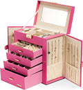 Homde Synthetic Leather Huge Jewelry Box Mirrored Watch Organizer Necklace Ring Earring Storage Lockable Gift Case (Pink + Go