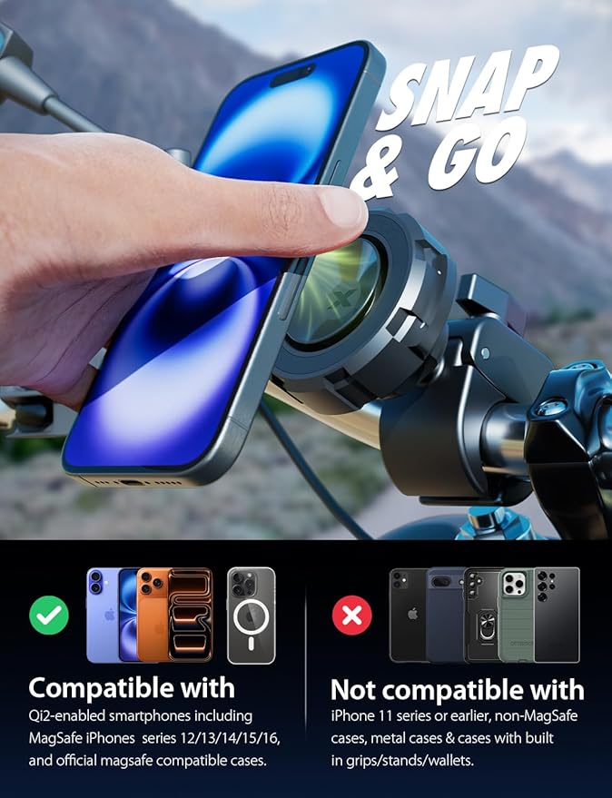 Bracketron MagSafe Bike Mount - MagAlign MAX Magnetic Phone Holder for Bike, Handlebar Phone Mount with Strong Magnetic Suction & 360° Rotation