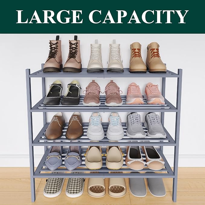 Smiry Bamboo Shoe Rack 4-Tier, Stackable Wooden Shoe Organizer for Entryway & Closet, Free Standing Wood Shoe Storage Shelf f