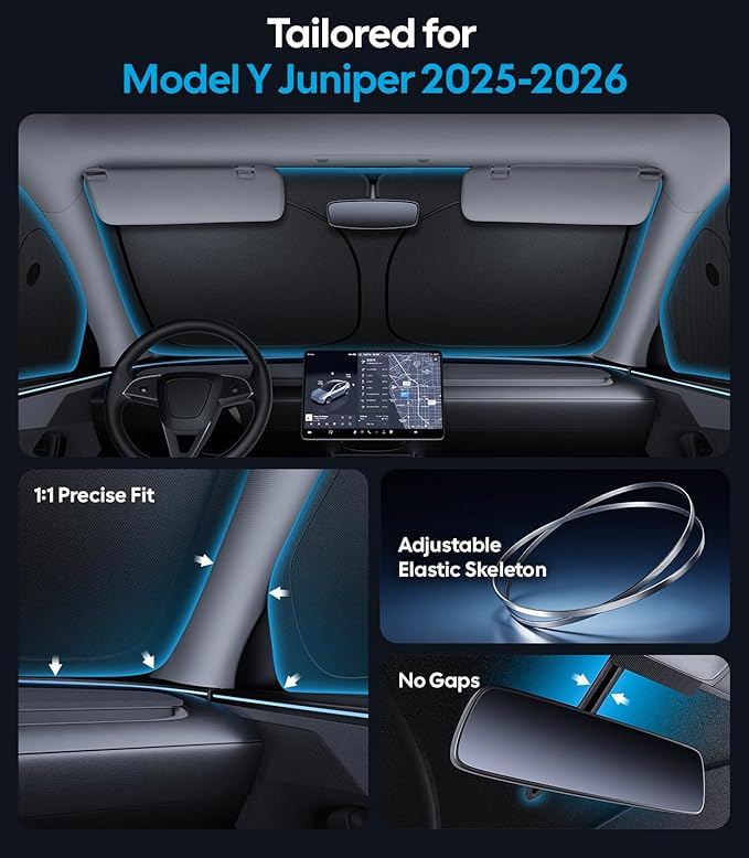 Wigoo 2026 Upgrade 8PCS Full Set Window Sunshade for Tesla Model Y Juniper 2025-2026 [7-Layer Cooler & Blacker, Ice-Crystal Tech] with Windshield for Sun Block, Baby, Camping, Privacy Napping, Relax