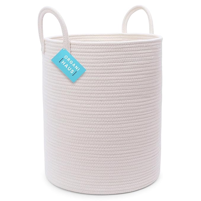 OrganiHaus Large Off-White Woven Laundry Basket w/Handles 52L, Rope Dirty Clothes Hamper, Blanket Basket for Living Room, Bab