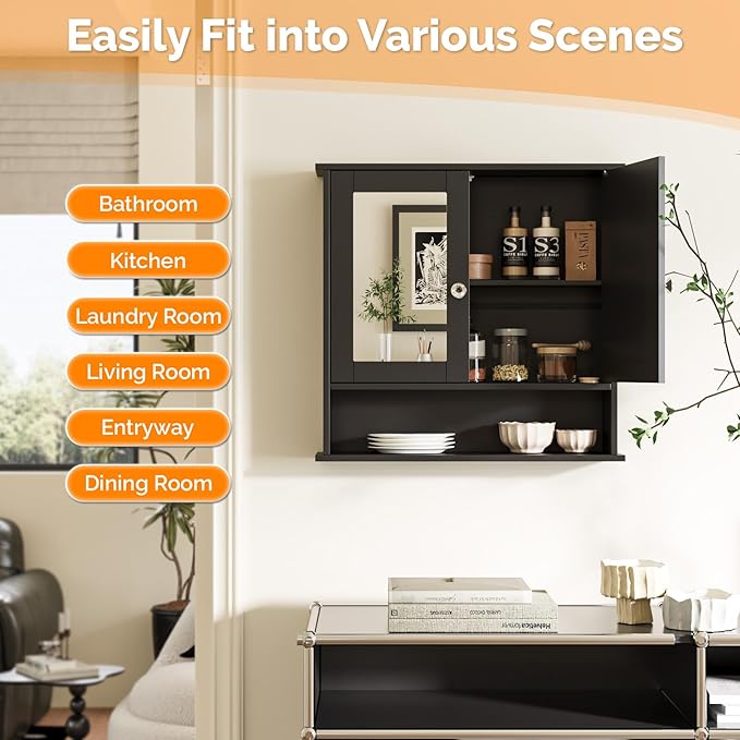 VINGLI Black Medicine Cabinet with Mirror, Wall Mounted Bathroom Cabinet with Open Shelf, 2-Door Hanging Storage Organizer Ov