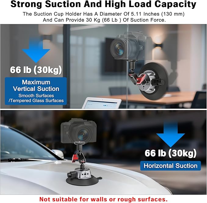 Camera Suction Mount with Ball Head Magic Arm, 5.1"/13cm Metal Air Pump Vacuum Suction Cup Camera Mount on Car Boat Windshield Dash Desk for DSLR/Action Camera/Phone Holder with 1/4" 3/8" ARRI Holes