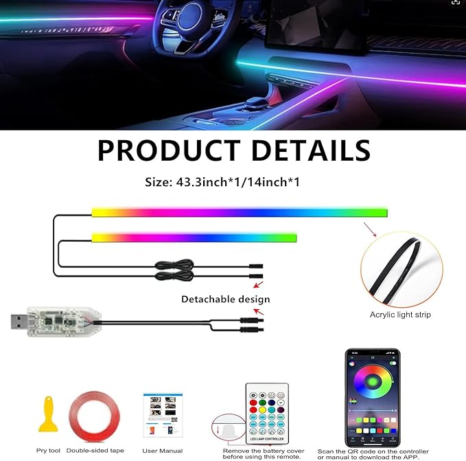 Ambient Lighting Car Led Lights Interior,57in USB Dreamcolor 2 in 1 Acrylic Neon Flexible Strip Fiber Optic LED Ambient Lighting Kits with Remote APP, RGB Music Lights Sync for Inside car Decorations