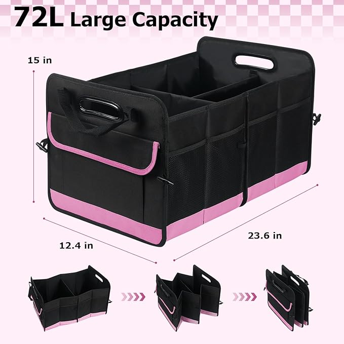 Car Trunk Organizer, 72L Large Capacity Waterproof Auto Storage Organizer with Non-Slip Bottom Strips, Collapsible Cargo Organi