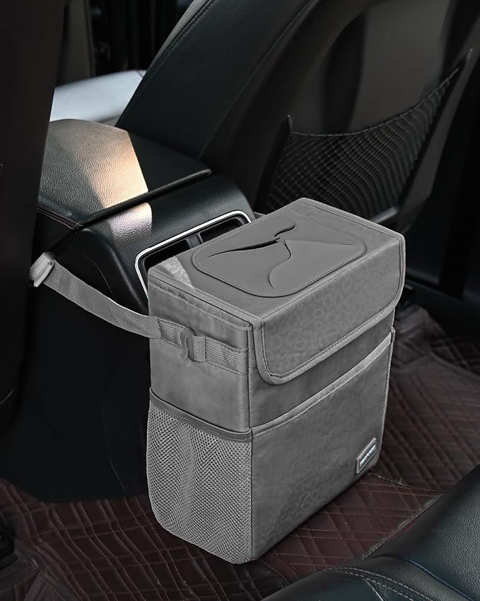 Car Trash Can Cute - Car Accessory for Garbage and Storage, Adjustable and Collapsible Car Garbage Can, Waterproof and 100% Leak-Proof Car Trash Bin with Lid, 2 Gallons (Leopard-Print Gray)
