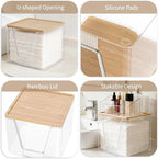 2 in 1 Disposable Facial Towel Holder and Cosmetic Organizer, Clear Storage with Bamboo Lid Compatible with Clean Skin Club T