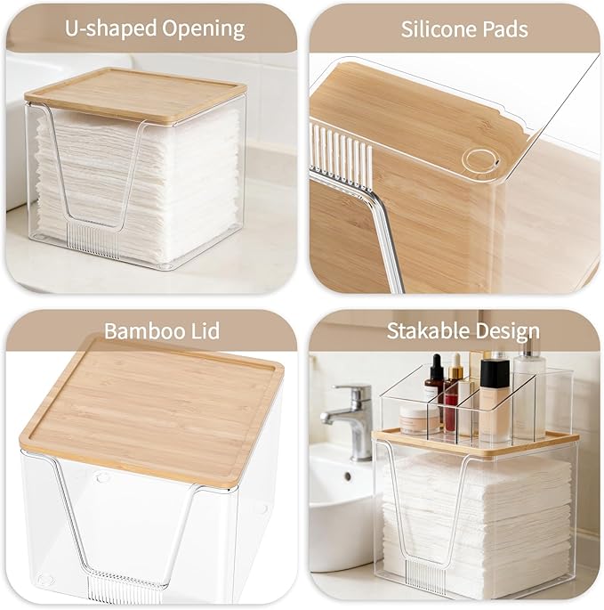 2 in 1 Disposable Facial Towel Holder and Cosmetic Organizer, Clear Storage with Bamboo Lid Compatible with Clean Skin Club T