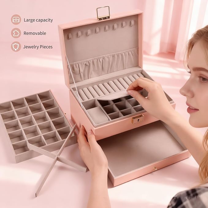 Greenfeather Jewelry Boxes for Women, Jewelry Organizer Box with Lid 3 Layers for Necklaces Rings Earrings and Bracelets Box 