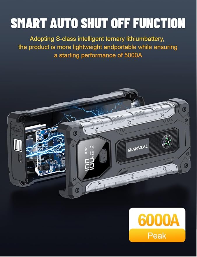 Sharmeal Car Battery Jump Starter 6000A, Jump Starter Battery Pack for All Gas and 10.0L Diesel, 12V Portable Jump Box with