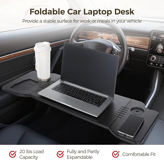 Foldable Car Laptop Desk - Steering Wheel Mounted Tray Table with Cup Holders, Compatible with Most Cars/SUVs, Ideal for Travel, Camping, Mobile Office
