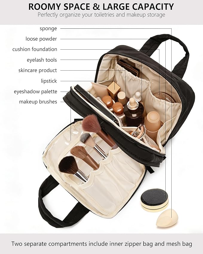 Makeup Bag, Travel Cosmetic bag, Toiletry Bag For Women, Make up Bag With Brush Storage, Hanging Toiletry Bag, Puffy Padded M