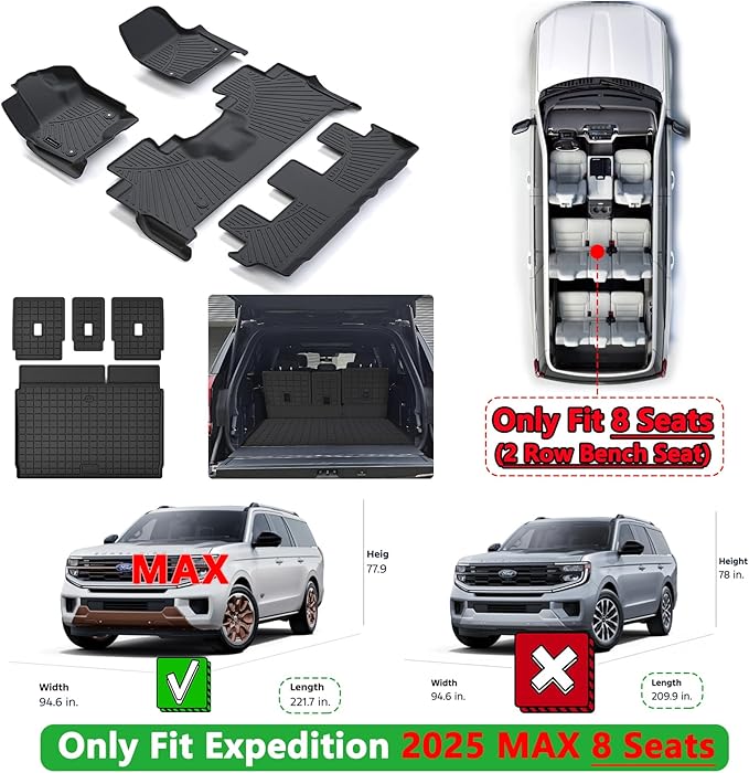 Full Set Floor Mats & Trunk Liner for 2025 Ford Expedition (Only Fit MAX 8-Seat | 2 Row Bench Seat) | TPE All-Weather Liners with Cargo Mat - Custom Fit, Non-Slip, Waterproof
