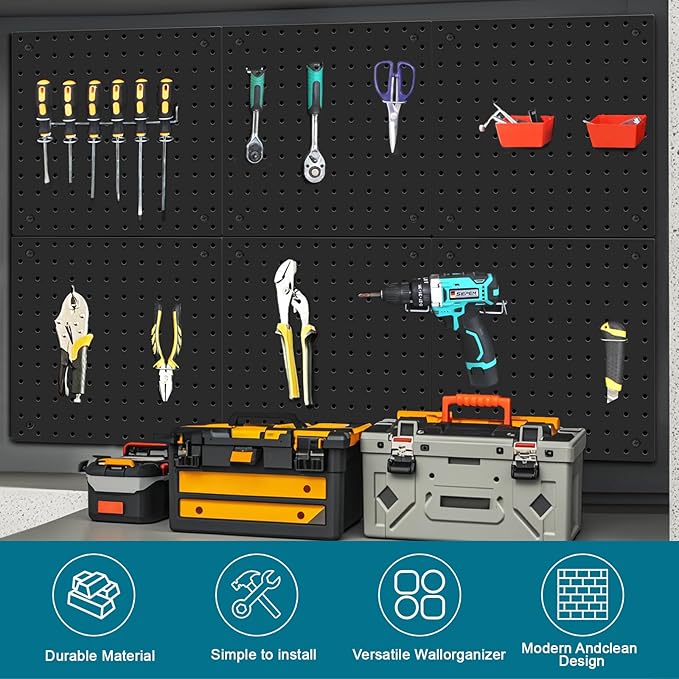 Peg Board,Steel Organization Panels, Ideal for Garage Tool Storage, Office Organization, Craft Room, Kitchen,Pack of 6(Black,